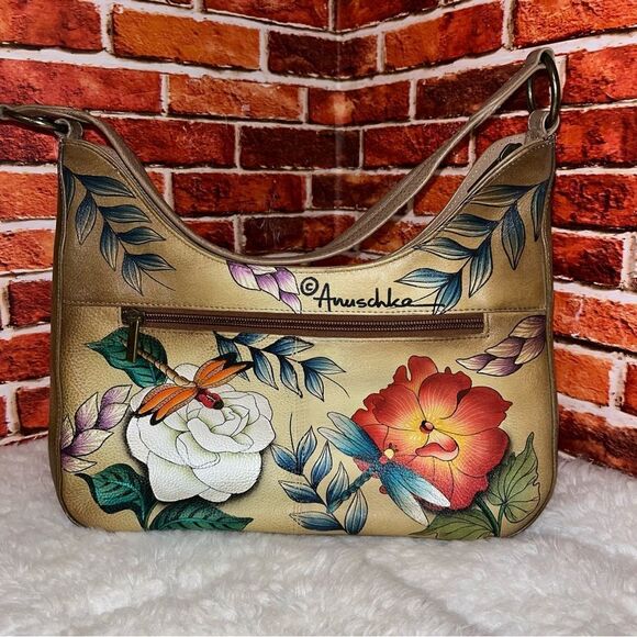 Anuschka Floral Dragonflies Hobo Shoulder Bag EUC Hand-Painted Leather Tan Red - Picture 3 of 10